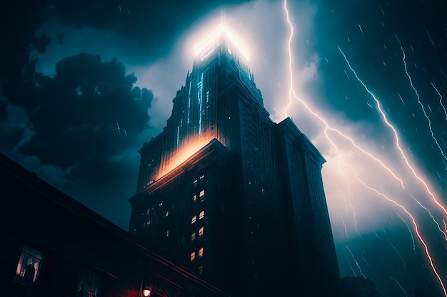 A flash of lightning strikes a tall building illuminating it for a moment