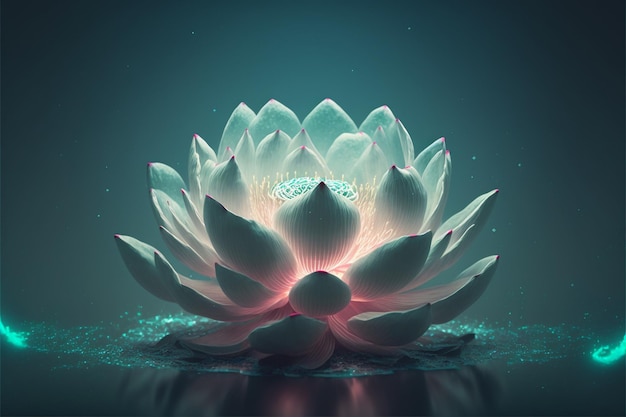 Flashes of light flying upward through lotus flower on isolated aqua background