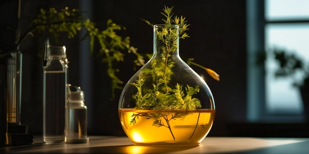 Flask with oil and fresh plant