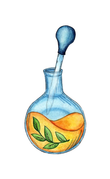 Flask with yellow liquid and pipette watercolor