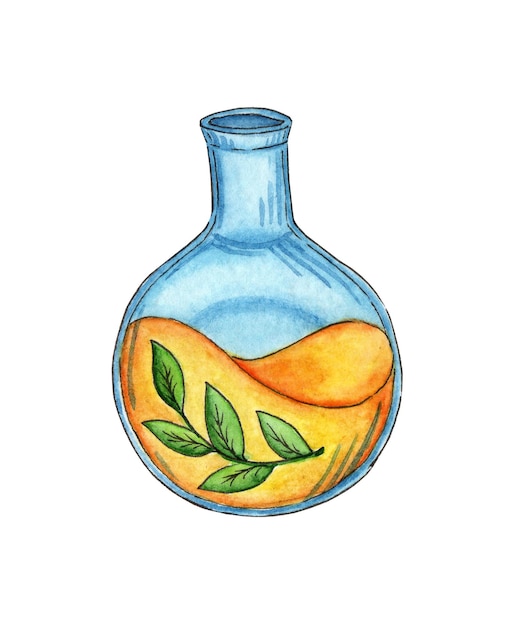 Flask with yellow liquid watercolor