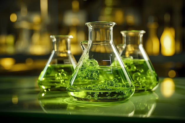 flasks with green liquid on laroratory background