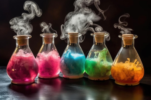 Flasks with various chemical substances emitting steam created with generative ai