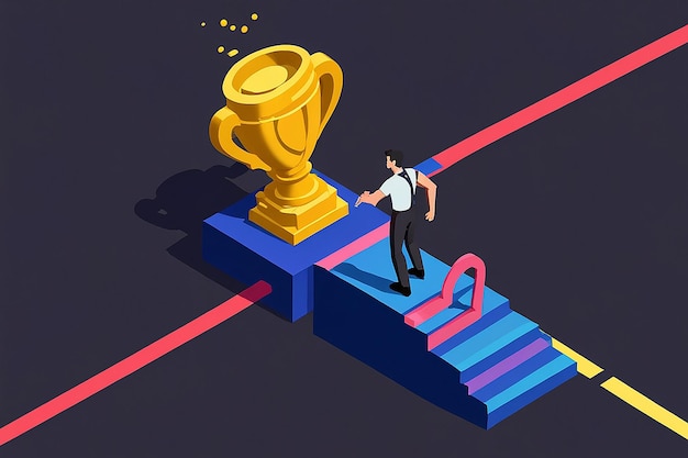 Photo flat 3d isometric big hand hindering businessman from finish line and trophy