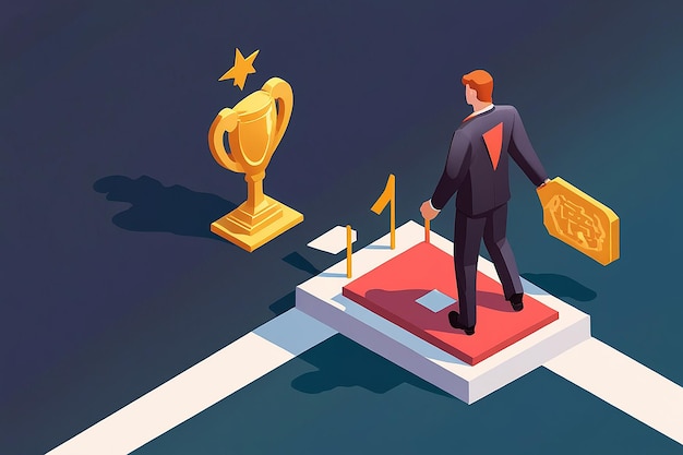 Photo flat 3d isometric big hand hindering businessman from finish line and trophy