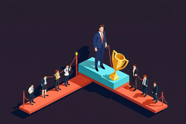 Photo flat 3d isometric big hand hindering businessman from finish line and trophy