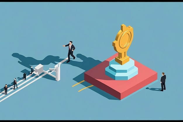 Photo flat 3d isometric big hand hindering businessman from finish line and trophy