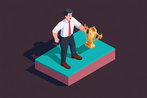 Photo flat 3d isometric big hand hindering businessman from finish line and trophy