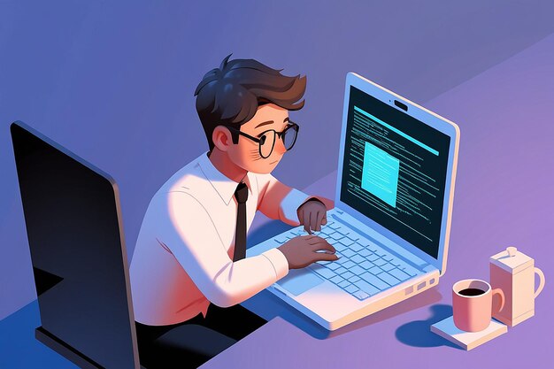 Flat 3D Isometric Businessman as a Programmer Working on Laptop to Coding Software Development Concept