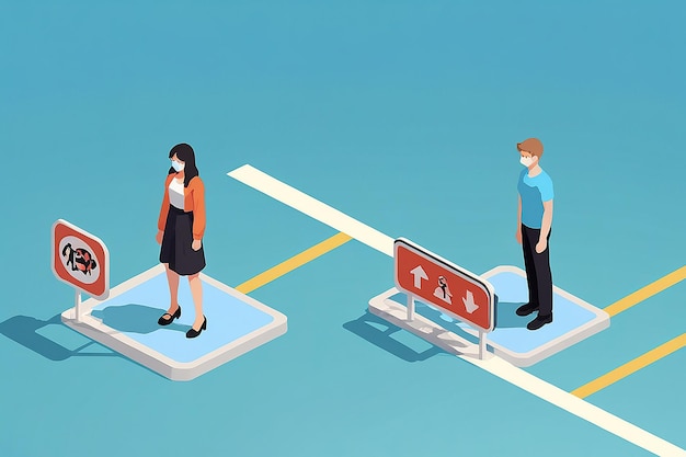 Photo flat 3d isometric man and woman keep distance in public society