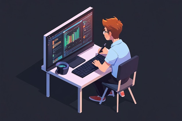 Flat 3D Isometric Software Developer or Programmer Coding on PC Computer