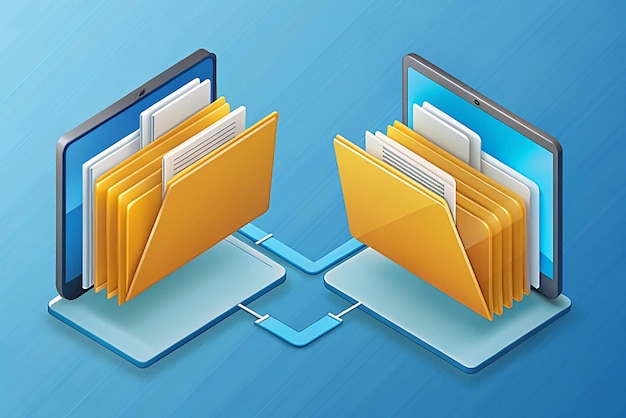 Photo flat 3d isometric two folders transferring files documents file sharing and document management concept