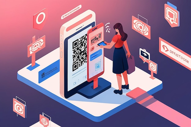 Photo flat 3d isometric woman using smartphone scanning qr code qr code verification technology concept