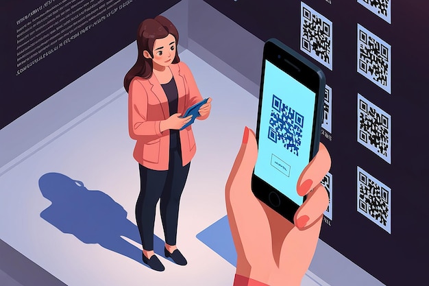 Photo flat 3d isometric woman using smartphone scanning qr code qr code verification technology concept