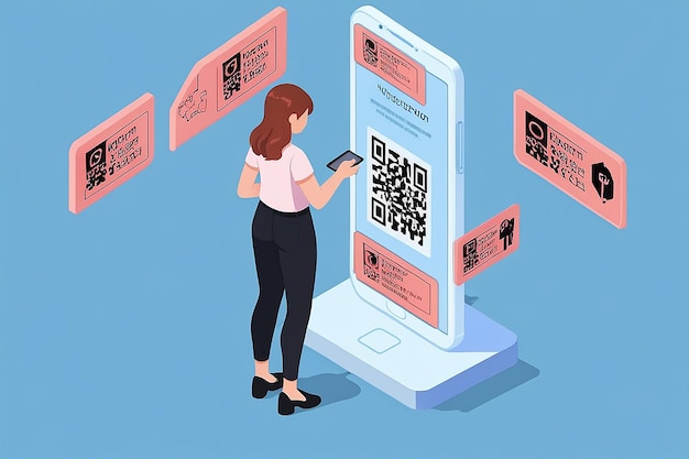 Flat 3D Isometric Woman Using Smartphone Scanning QR Code QR Code Verification Technology Concept