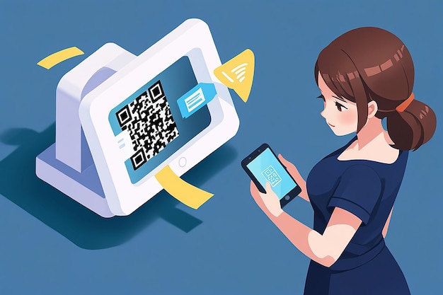 Photo flat 3d isometric woman using smartphone scanning qr code qr code verification technology concept