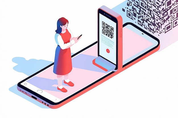 Flat 3D Isometric Woman Using Smartphone Scanning QR Code QR Code Verification Technology Concept