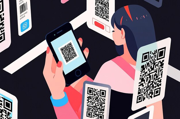 Photo flat 3d isometric woman using smartphone scanning qr code qr code verification technology concept