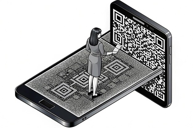 Photo flat 3d isometric woman using smartphone scanning qr code qr code verification technology concept