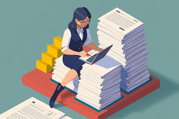 Photo flat 3d isometric woman working on digital tablet on stack of document paperwork