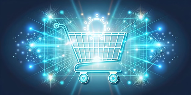 Flat Abstract Glowing Shopping Cart with Floating Discount Elements Symbolizing Cyber Monday Ecommer