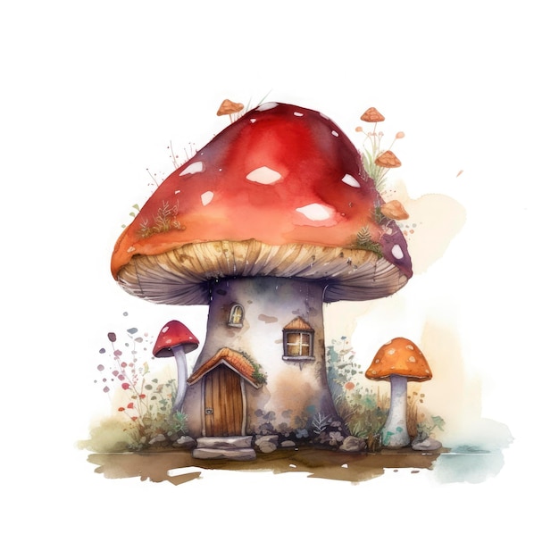 Flat art of a small Mushroom House digital Watercolor Art Isolated on white Generate Ai