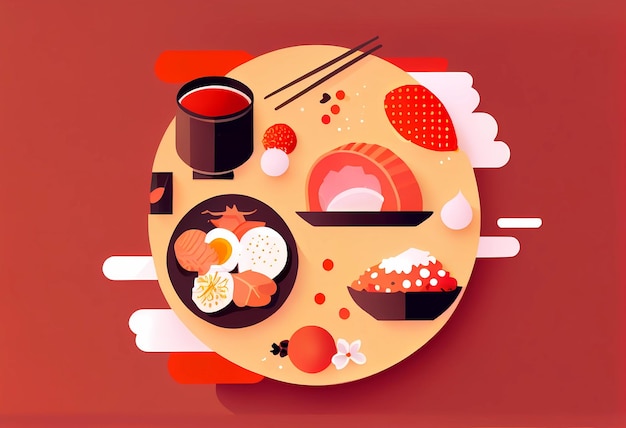 Flat asian food inscribed in a circle