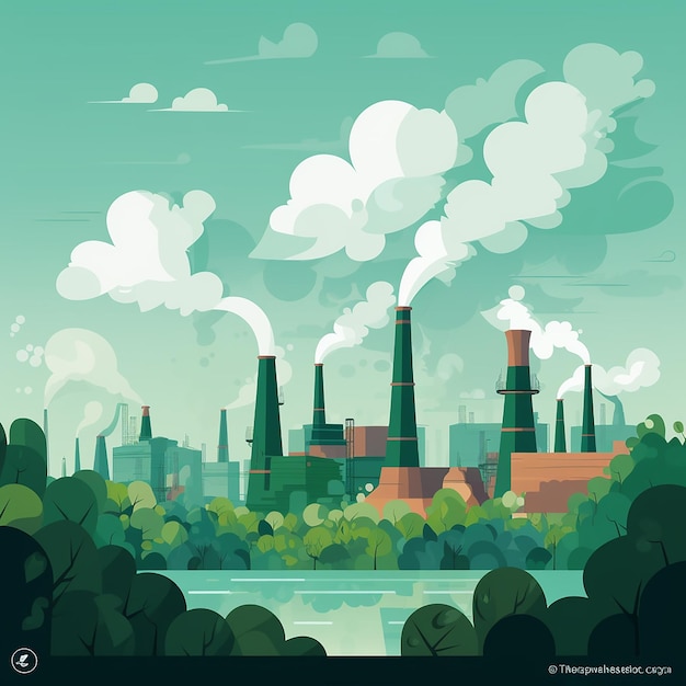 Flat background with green trees and many factory