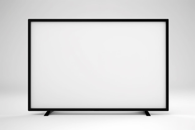 Photo the flat blank white screen of an led tv with a dark frame in front set against a white background