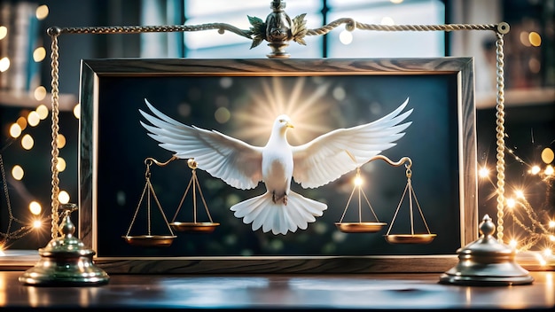 Photo flat border frame with glowing dove scales of justice symbolizing peace equality perfect for h