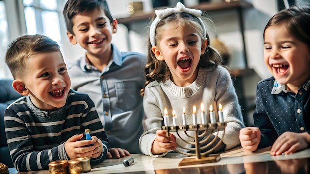 Photo flat candid illustration of joyful children spinning a dreidel during hanukkah festivities excitem