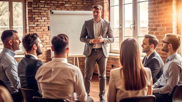 Flat Candid shot of a CEO giving a presentation on business strategy concept as A candid shot of a C