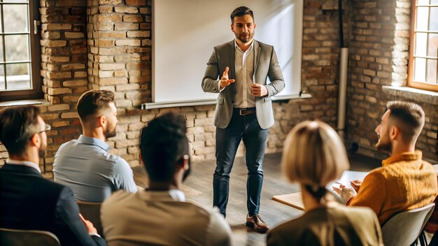 Flat Candid shot of an entrepreneur pitching a new idea to investors concept as A candid shot of an