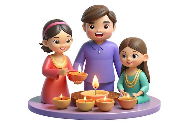 Flat Candid shot of a family creating a glowing Diwali decoration together with a focus on their hap