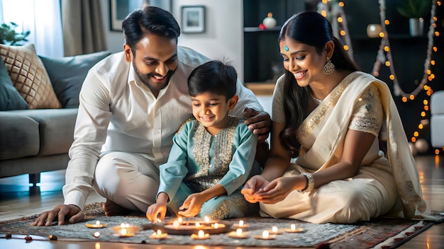 Flat Candid shot of a family creating a glowing Diwali decoration together with a focus on their hap