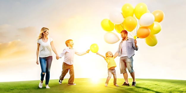 Photo flat candid shot of a family playing with glowing balloons at a park during a sunny day concept as a