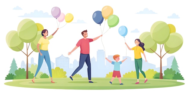 Photo flat candid shot of a family playing with glowing balloons at a park during a sunny day concept as a