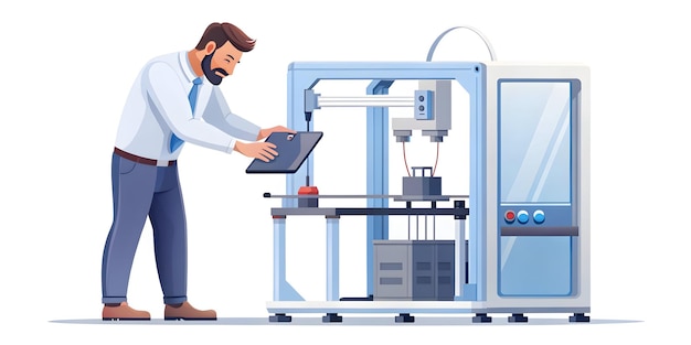 Photo flat candid shot of a technician performing 3d printing calibration concept as a candid image of a t