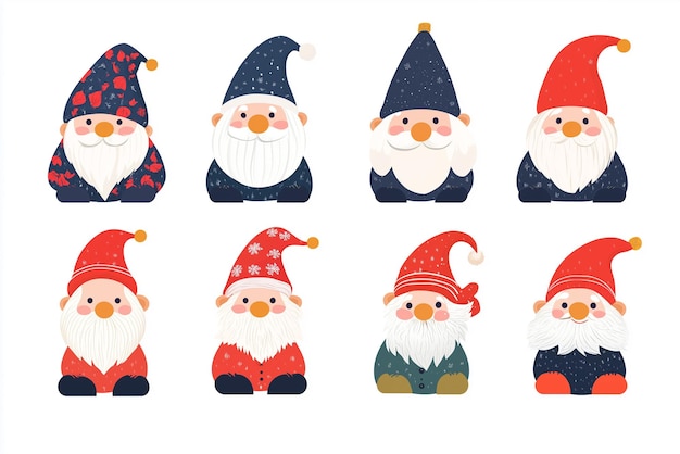 Photo flat cartoon christmas gnomes set collection by generative ai