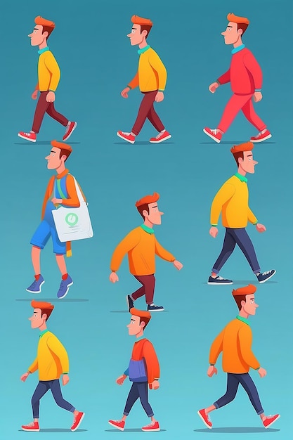 Photo flat cartoon colorful man character animation male walk cycle situation