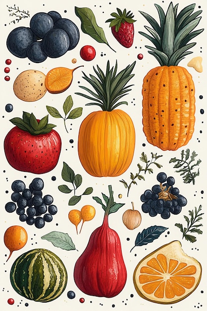 Photo flat cartoon handdrawn style illustration for world food day featuring diverse foods fruits and vegetables for october