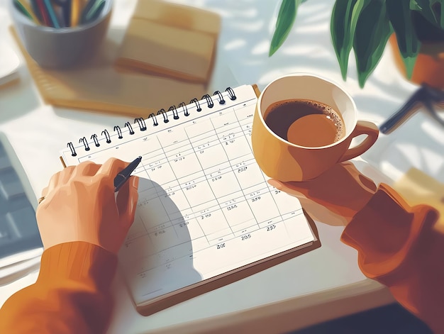 Photo flat coffee and calendar cozy home office bliss closeup of person enjoying coffee while planning