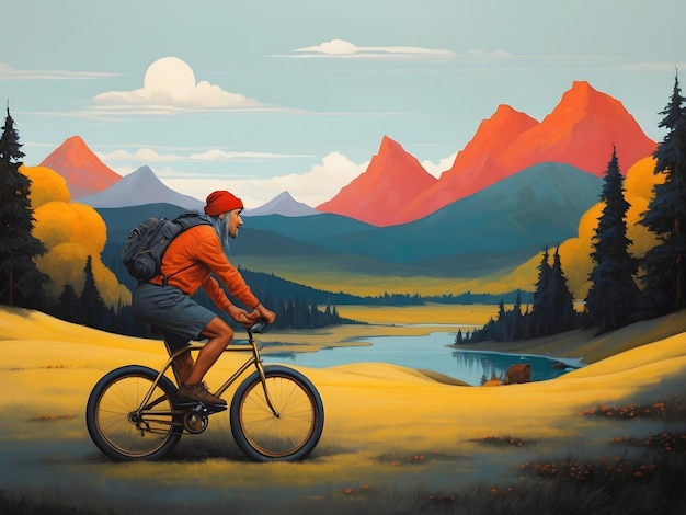 A flat concept with people riding bikes with mountain