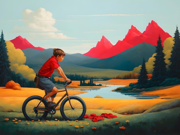 A flat concept with people riding bikes with mountain