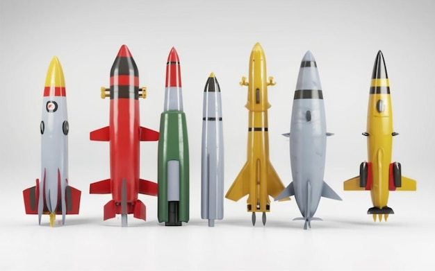 Flat cruise missile collection Set of combat weapons Different types of missiles isolated