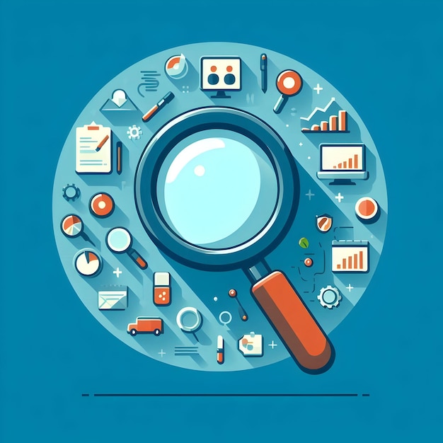 Photo flat design as magnifying glass icon with copy space on a blue background concept as a vector image