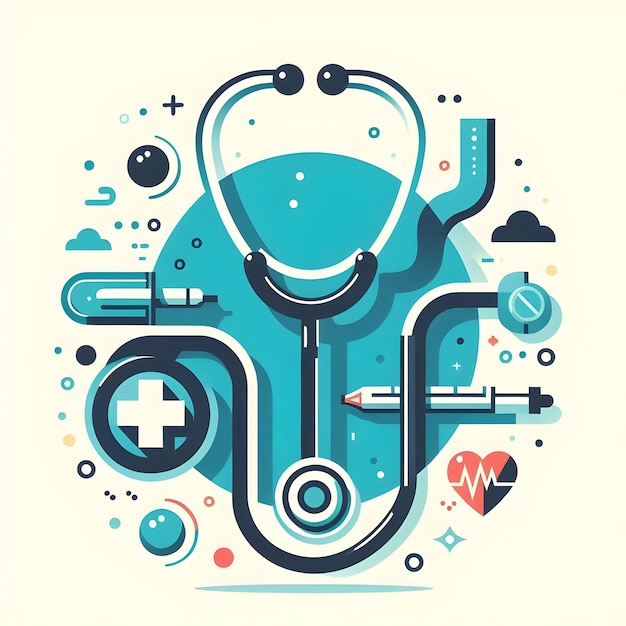 Flat design as Stethoscope icon with copy space on a blue background concept as A vector image of a