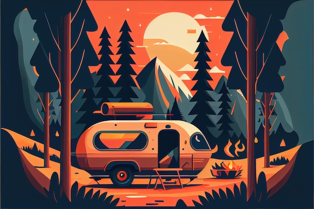 Flat design of camping van in the forest Generative AI