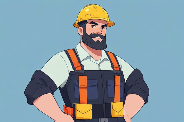 Photo flat design construction worker character with beard in uniform with his hands on waist