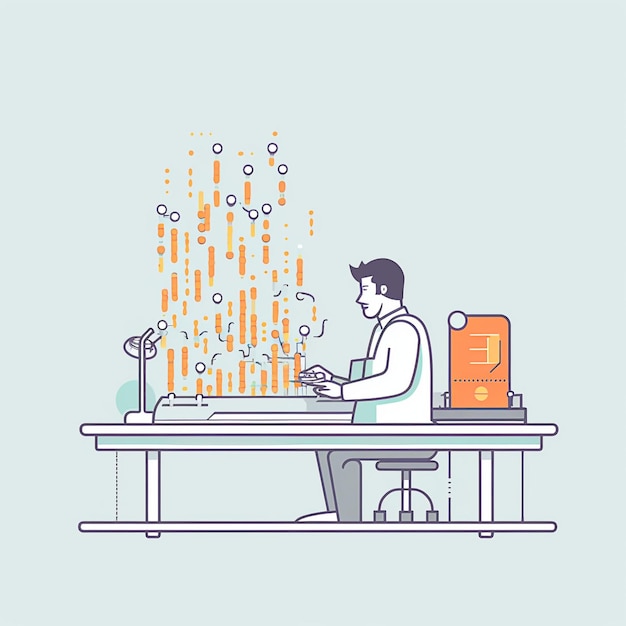 Flat design of crazy scientist feeding data into a machine generative ai